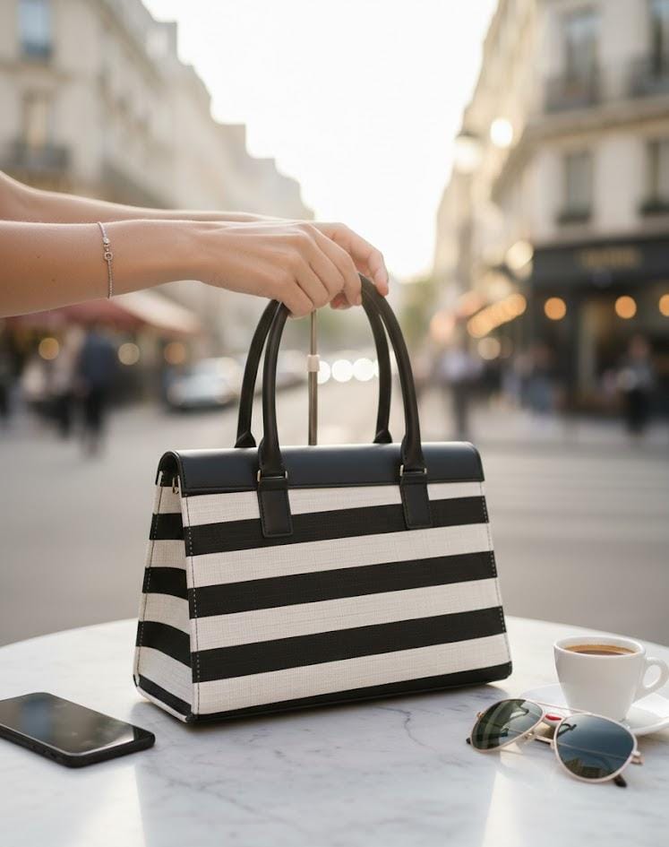 "Two-tone Vertical Stripe Handbag with Turn-lock