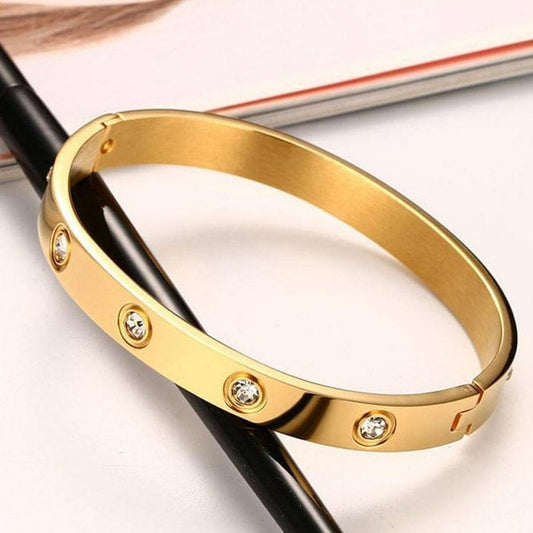 Luxury Style Gold-Plated Screw Head Bangle with Inset Stones