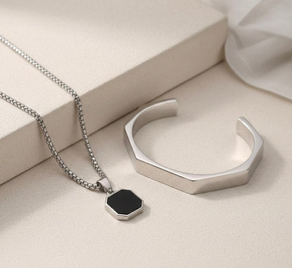 Octagonal Black Onyx With Hexagonal Silver Handcuff
