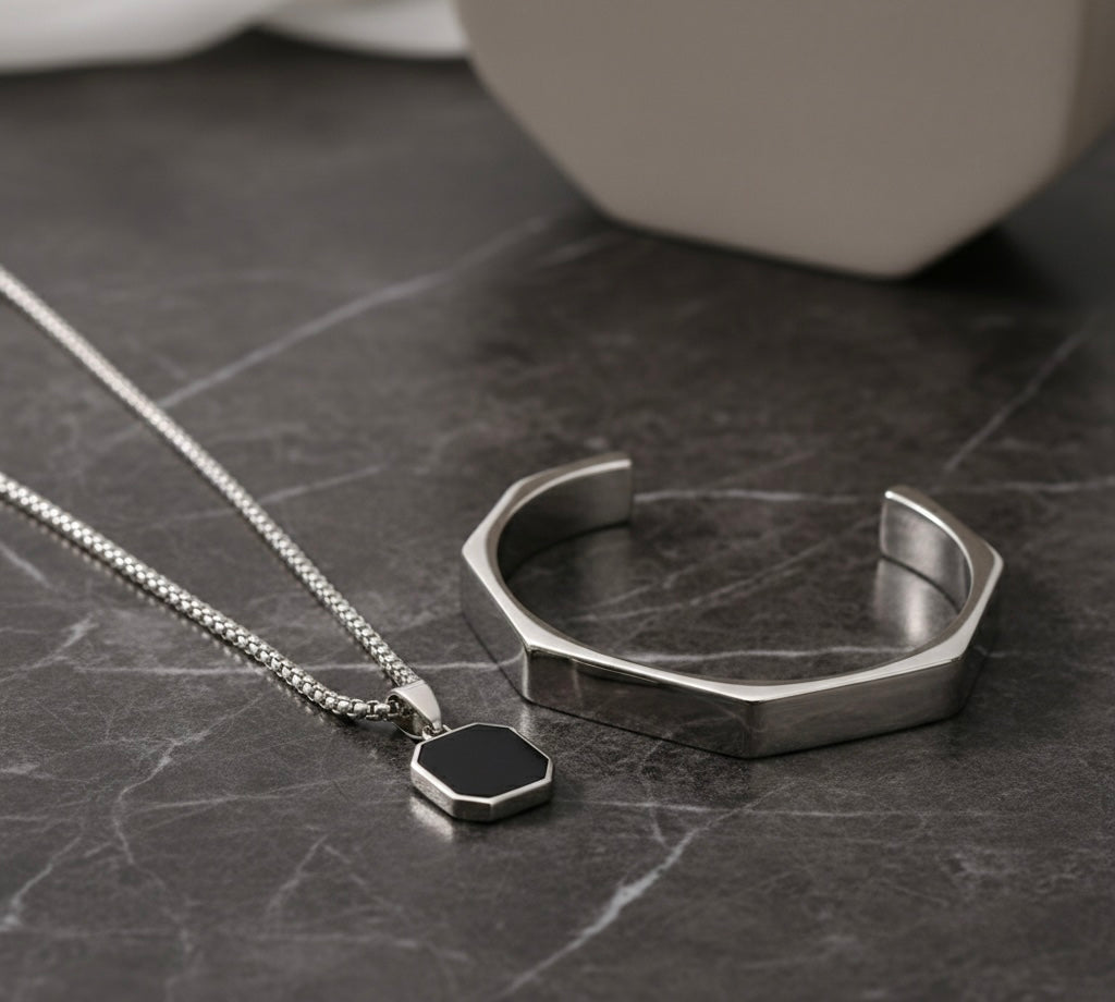 Octagonal Black Onyx With Hexagonal Silver Handcuff