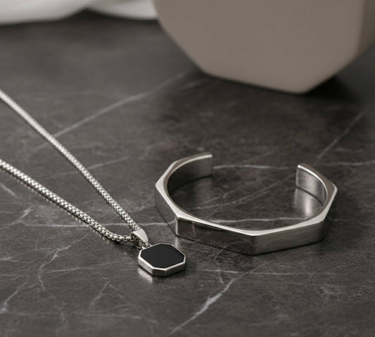 Octagonal Black Onyx With Hexagonal Silver Handcuff