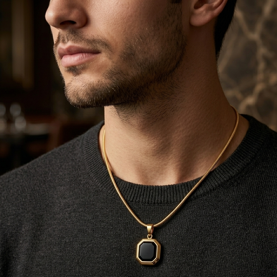 Emerald-Cut Black Stone Necklace - Gold Plated