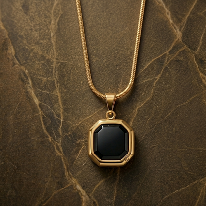Emerald-Cut Black Stone Necklace - Gold Plated
