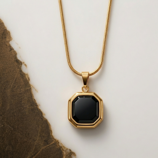 Emerald-Cut Black Stone Necklace - Gold Plated