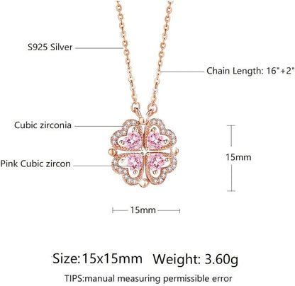 Magnetic Folding Four-Leaf Clover Heart Necklace With Cubic Zirconia