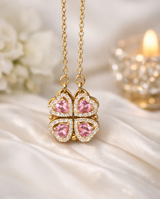 Magnetic Folding Four-Leaf Clover Heart Necklace With Cubic Zirconia