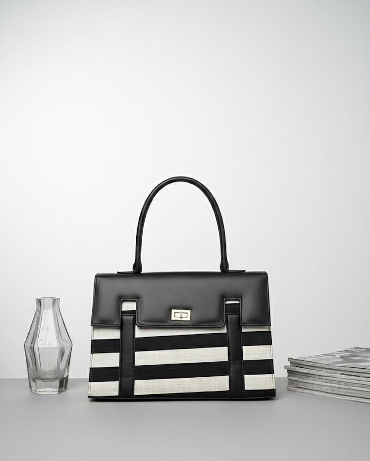 "Two-tone Vertical Stripe Handbag with Turn-lock