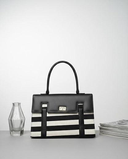 "Two-tone Vertical Stripe Handbag with Turn-lock
