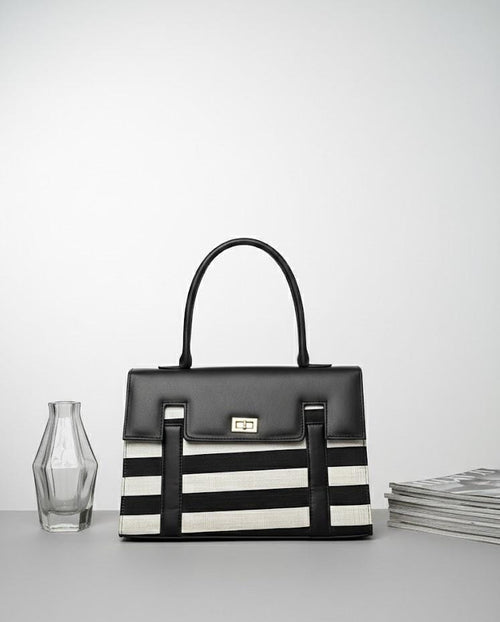 "Two-tone Vertical Stripe Handbag with Turn-lock
