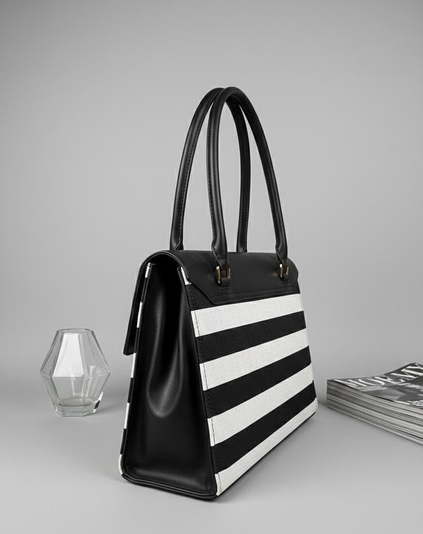 "Two-tone Vertical Stripe Handbag with Turn-lock