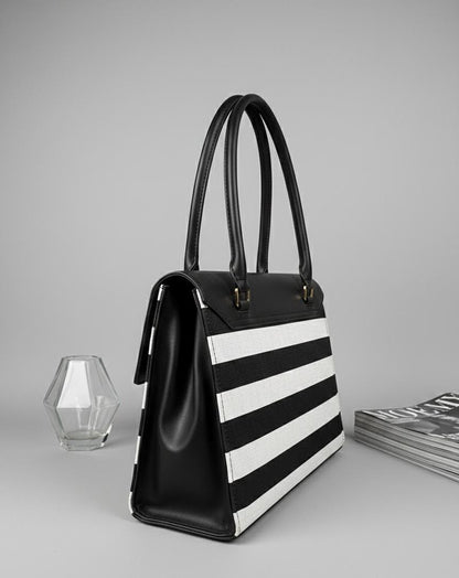 "Two-tone Vertical Stripe Handbag with Turn-lock
