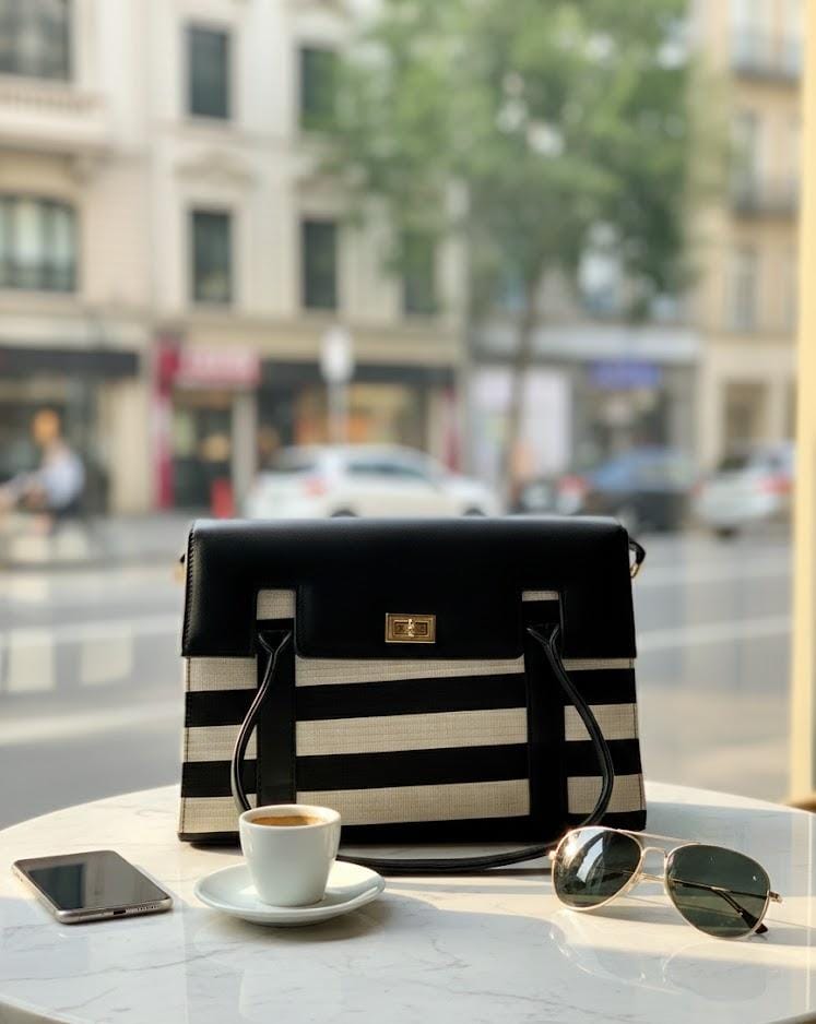 "Two-tone Vertical Stripe Handbag with Turn-lock