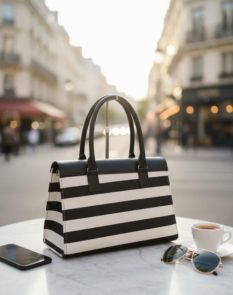 "Two-tone Vertical Stripe Handbag with Turn-lock