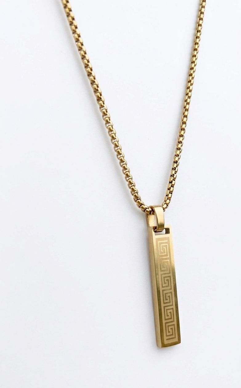 Men's Vertical Meander Pattern Gold Bar Necklace ✨