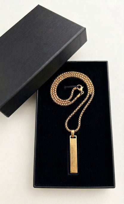 Men's Vertical Meander Pattern Gold Bar Necklace ✨