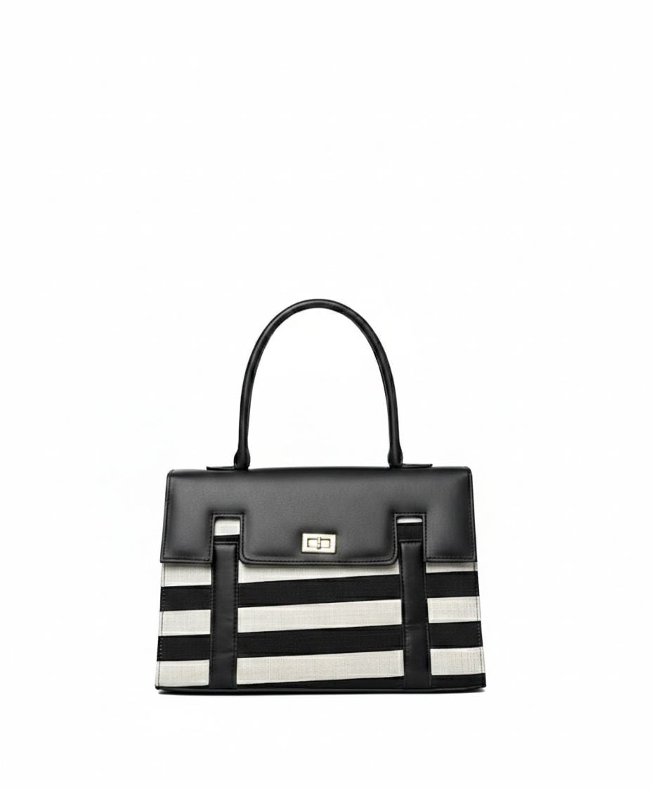 "Two-tone Vertical Stripe Handbag with Turn-lock