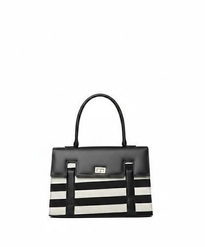 "Two-tone Vertical Stripe Handbag with Turn-lock