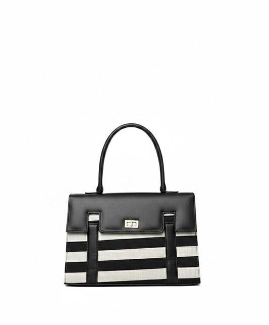 "Two-tone Vertical Stripe Handbag with Turn-lock
