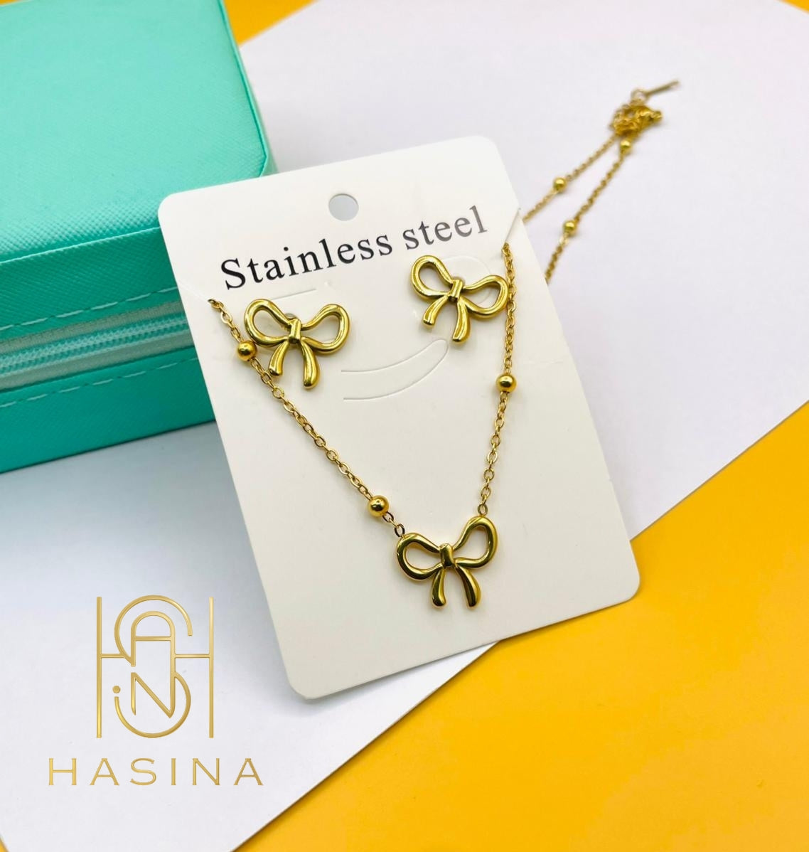 Golden Bow Charm Stainless Steel Jewelry Set