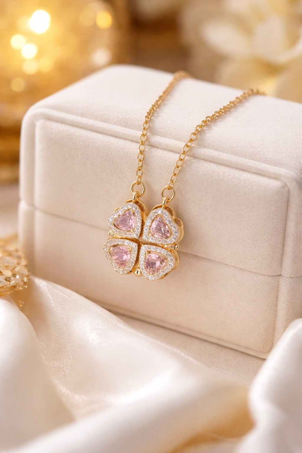 Magnetic Folding Four-Leaf Clover Heart Necklace With Cubic Zirconia