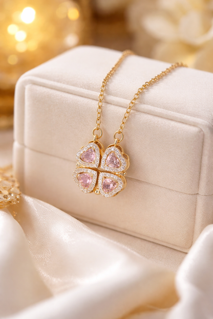 Magnetic Folding Four-Leaf Clover Heart Necklace With Cubic Zirconia