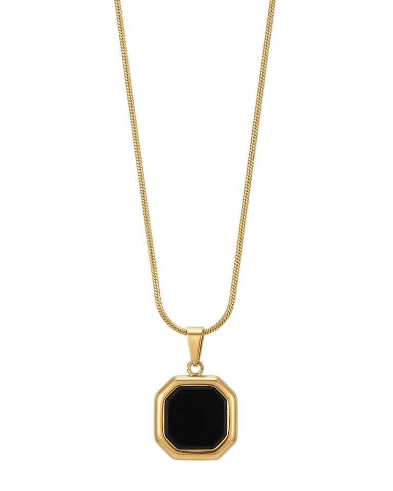 Emerald-Cut Black Stone Necklace - Gold Plated