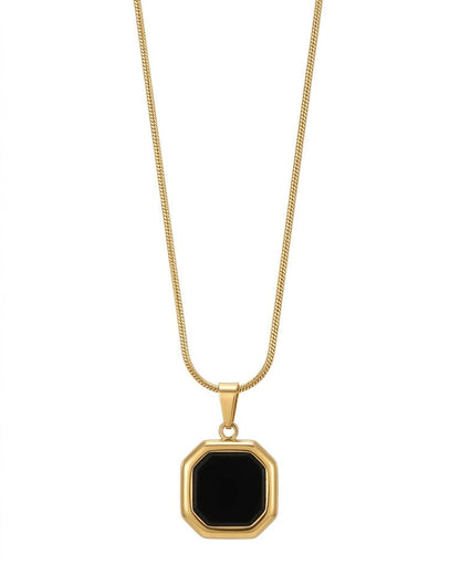 Emerald-Cut Black Stone Necklace - Gold Plated